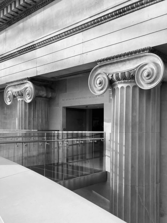 a black and white photo of a building with columns, by Lorraine Fox, fine art america, concrete balcony, museum photograph, by greg rutkowski