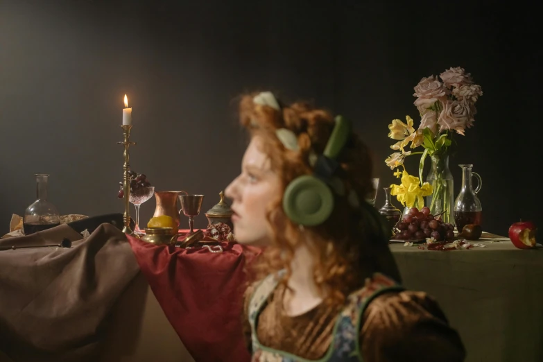 a woman sitting at a table with headphones on, a still life, inspired by Gerrit Dou, trending on pexels, renaissance, sqare-jawed in medieval clothing, live-action archival footage, persephone, wide - shot