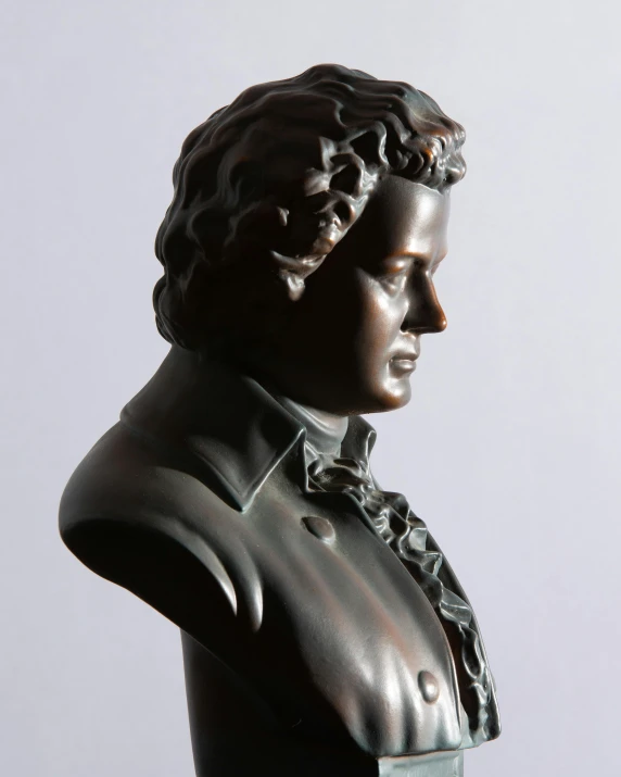 a close up of a bust of a person, a bronze sculpture, by Egon von Vietinghoff, romanticism, beethoven playing piano, side profile waist up portrait, portrait of tom holland, fresh from the printer