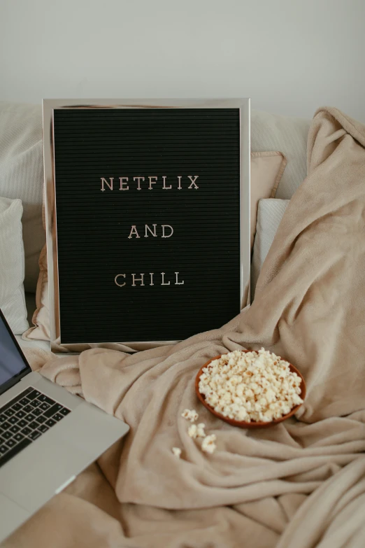 a laptop computer sitting on top of a bed, trending on pexels, serial art, at netflix, snacks, comfy chairs, embroidered velvet
