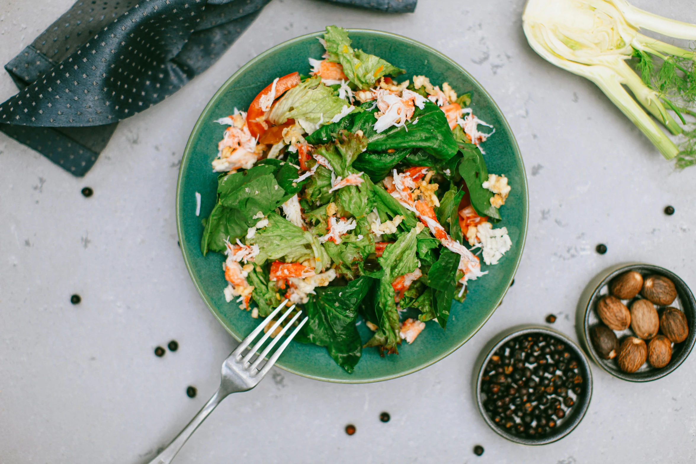 a close up of a plate of food on a table, jade green, profile image, salad, thumbnail