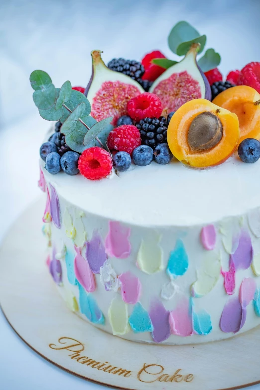 a close up of a cake with fruit on it, a pastel, botanicals, most popular, vibrant lights, cream