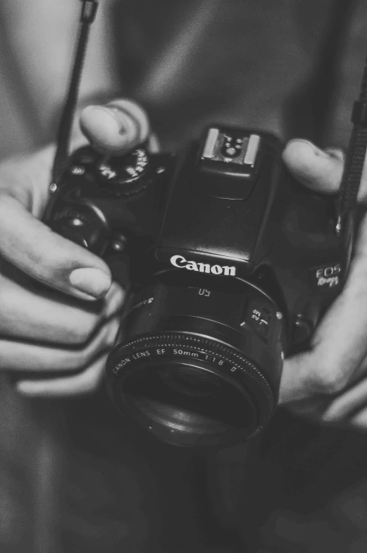 a person holding a camera in their hands, a black and white photo, unsplash contest winner, canon dslr, ✨🕌🌙, cute photograph, background canon