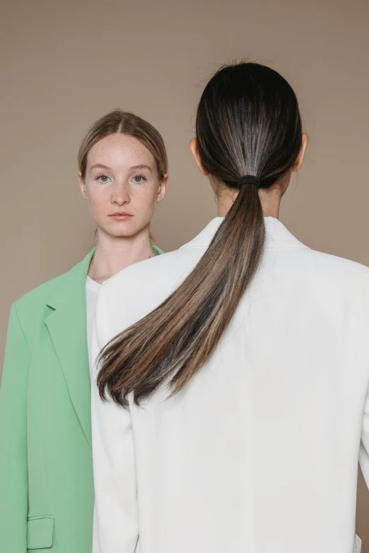 a couple of women standing next to each other, inspired by Vanessa Beecroft, trending on unsplash, renaissance, hair in slick low ponytail, flat colour-block style, hair : long brown, green highlights