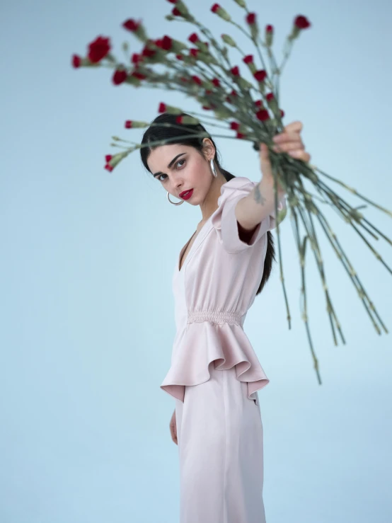 a woman in a pink dress holding a bunch of flowers, an album cover, by Lucia Peka, unsplash, sasha grey, wearing a light - pink suit, 15081959 21121991 01012000 4k, lady dimitrescu