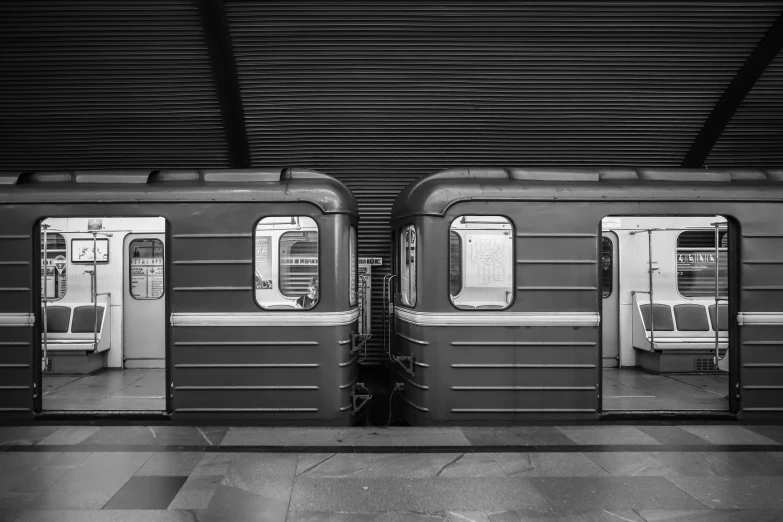 a couple of trains parked next to each other, a black and white photo, by Emma Andijewska, pexels contest winner, purism, square lines, moscow metro, realistic », doors