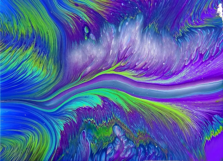 an abstract painting with blue, green and purple colors, inspired by George Aleef, trending on pexels, metaphysical painting, purple liquid, deepdream cosmic, flowing lines, michael page
