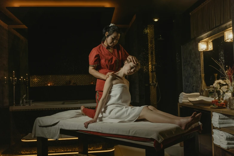 a woman getting a massage at a spa, by Emma Andijewska, hurufiyya, full body 8k, oriental, deep colour, nikolay