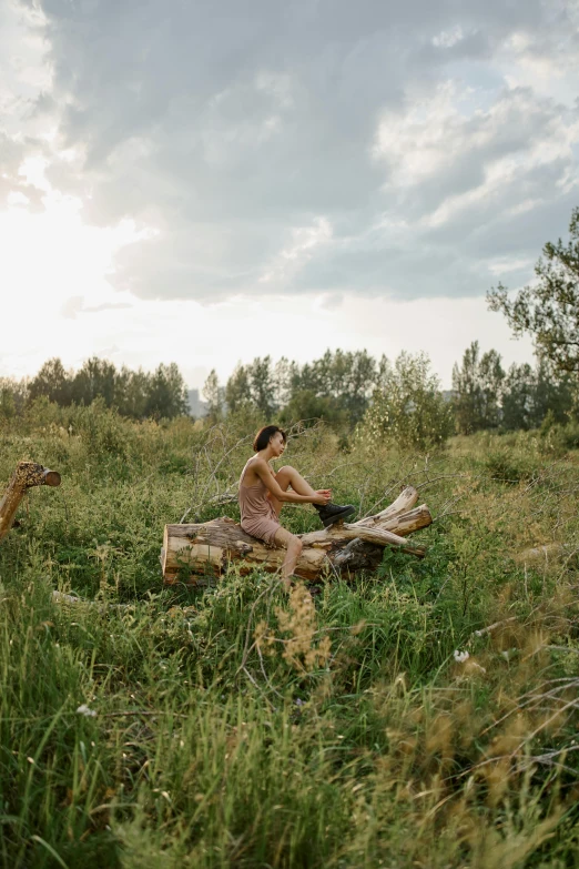 woman sitting on wooden log in a grass field