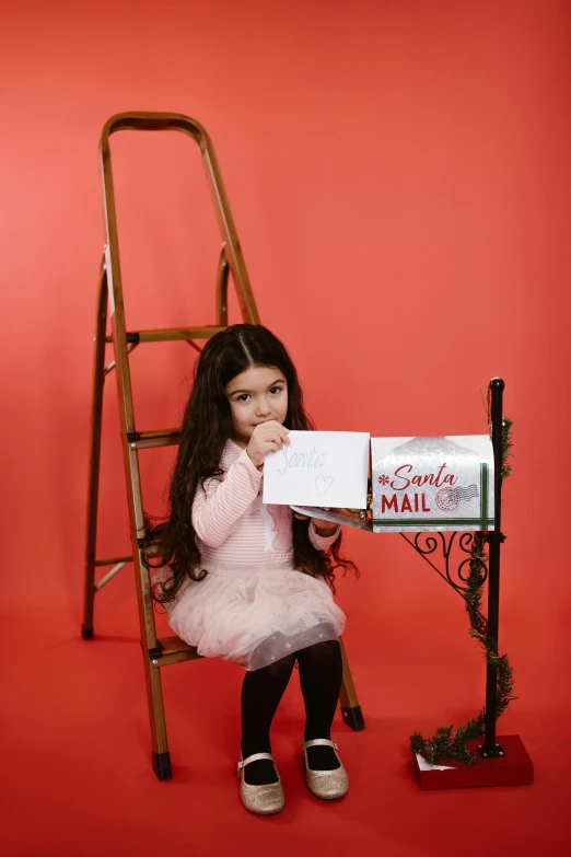 a little girl sitting next to a mailbox