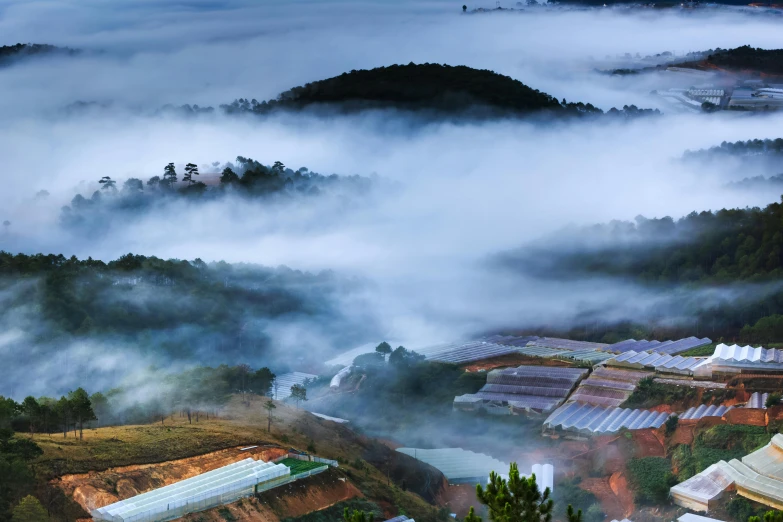 a group of buildings sitting on top of a lush green hillside, a matte painting, by Reuben Tam, pexels contest winner, blankets of fog pockets, hydroponic farms, hong soonsang, panoramic view