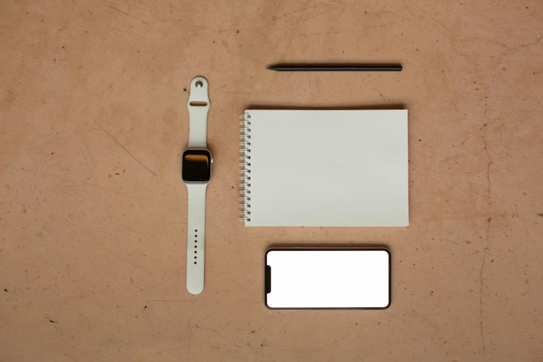 an apple watch, notepad, and pen on a table, minimalism, brown, white soft leather model, no - text no - logo, iphone 13