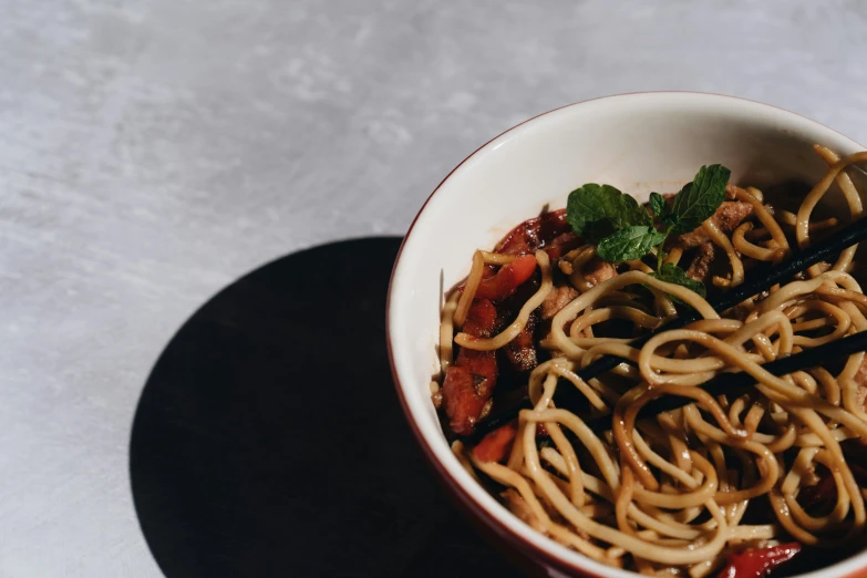 a bowl of noodles with chopsticks in it, an album cover, pexels contest winner, mingei, mint, ratatouille style, black and terracotta, high details photo