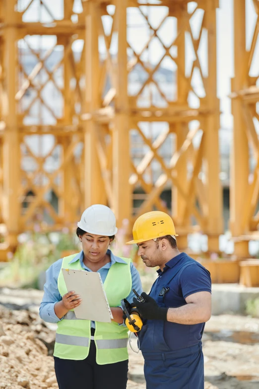 two men standing next to each other on a construction site, shutterstock, renaissance, truss building, rectangle, brown