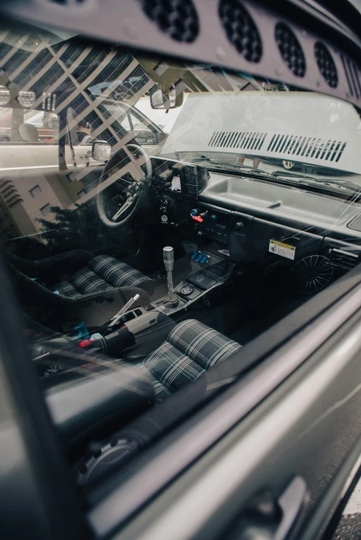 the driver's view from inside the vehicle looking at the cockpit and the dash