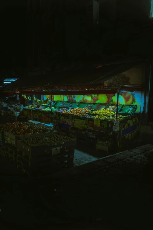 a fruit and vegetable stand lit up at night, inspired by Elsa Bleda, unsplash contest winner, realism, low quality photo, creepy mood, square, colorful projections