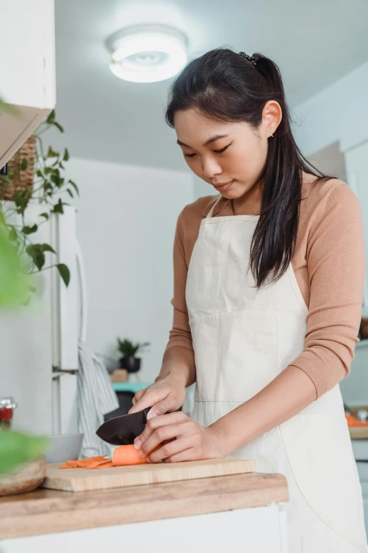 a woman in an apron chopping carrots on a cutting board, inspired by Ruth Jên, pexels contest winner, portrait of a japanese teen, profile image, slightly minimal, full-body