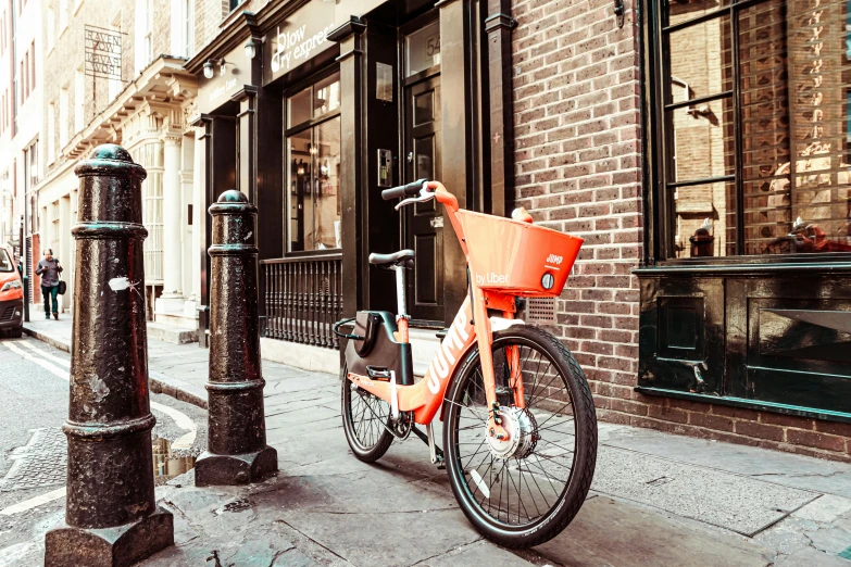 a bicycle parked on the side of a street, a digital rendering, by Carey Morris, unsplash, happening, orange and white color scheme, new york back street, dwell, in london