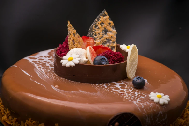 a chocolate cake sitting on top of a table, fully decorated, alexandre bourlet, shoreline, exquisite and smooth detail