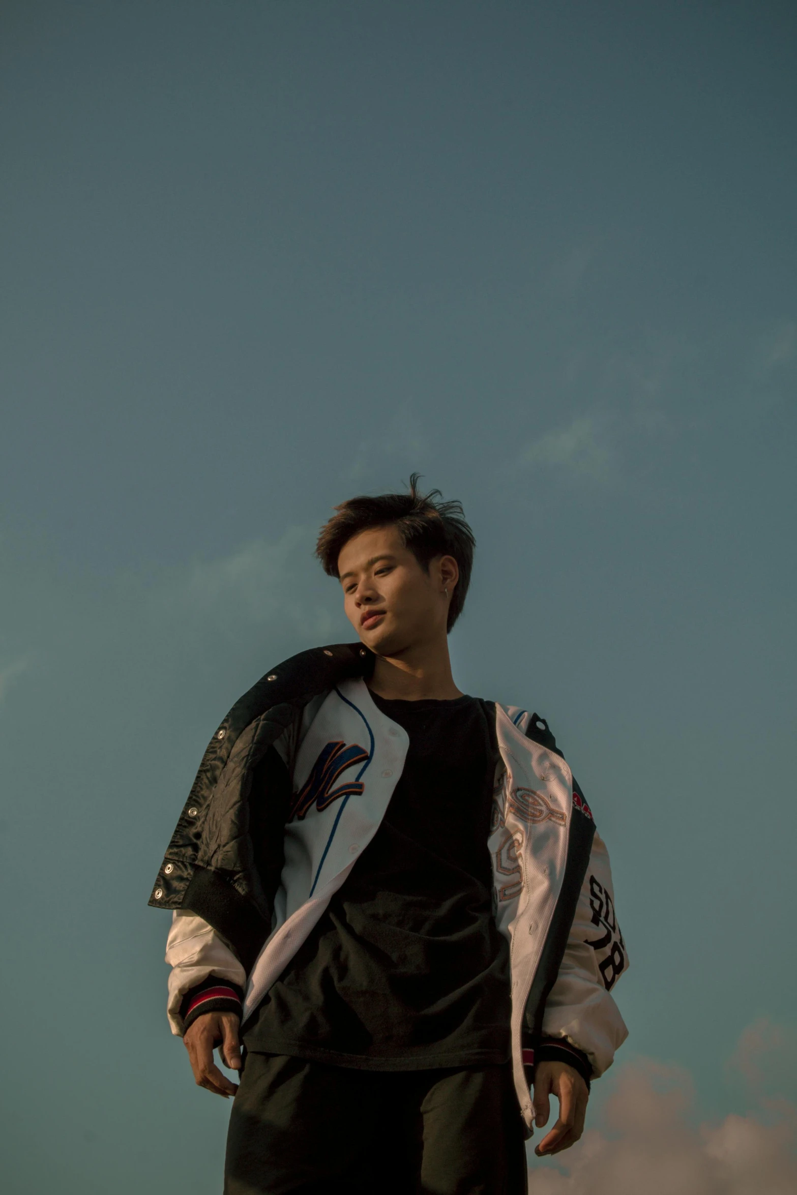 a man standing on top of a grass covered field, an album cover, inspired by Liang Kai, unsplash, realism, wearing a bomber jacket, androgynous person, standing on a rooftop, headshot profile picture