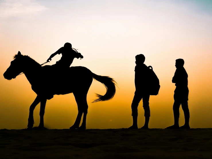 a person riding on the back of a horse, inspired by Sir Alfred Munnings, pexels contest winner, human silhouettes, arabian nights, family photo, first light