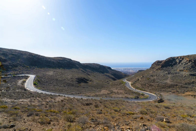 a winding road in the middle of a desert, a picture, unsplash, les nabis, costa blanca, panorama view, high quality image”, wide angle”