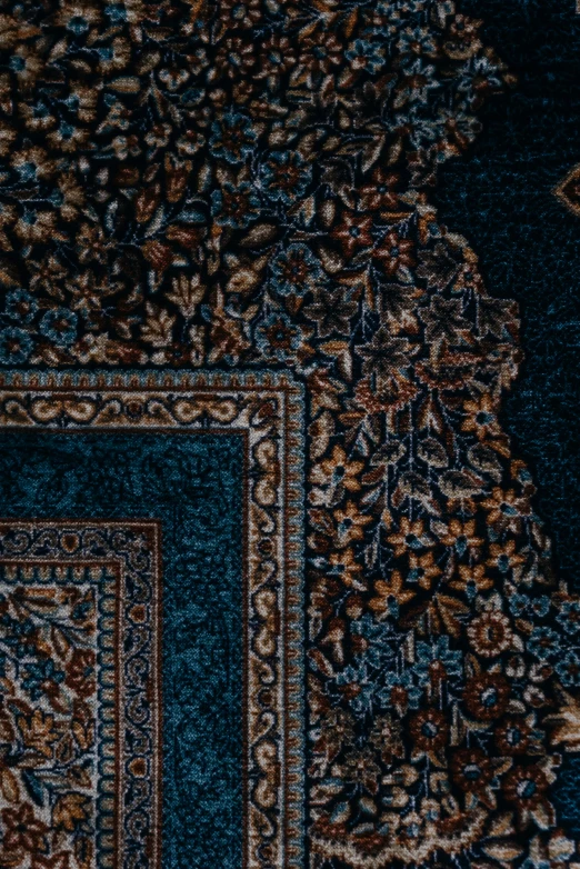 a blue area rug sitting on top of a wooden floor, intricate hyperdetail macrophoto, detailed product image, (night), orientalist