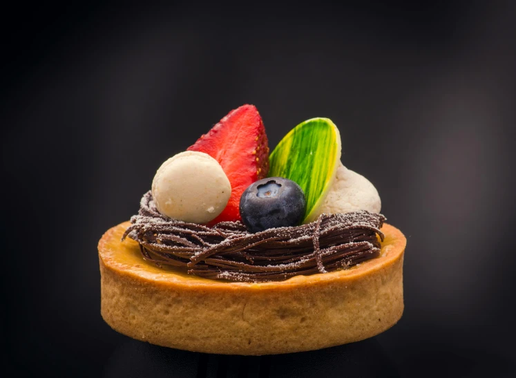 a chocolate cake topped with strawberries and blueberries, a pastel, inspired by François Louis Thomas Francia, pexels contest winner, renaissance, in front of a black background, halo halo halo halo 8k, “ golden cup, micro detail