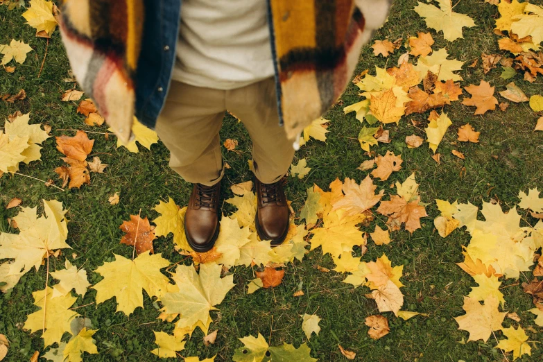 a person standing on top of a pile of leaves, trending on pexels, leather clothing and boots, style of wes anderson, yellow and olive color scheme, preppy style