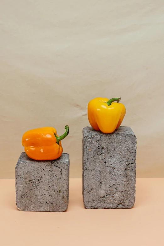 a couple of blocks sitting on top of each other, inspired by Nam Gye-u, concrete art, still life vegetables, yellow-orange, trinidad scorpion, product design shot