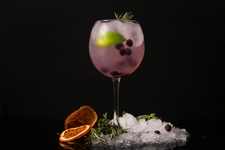 a purple cocktail with a lime garnish garnish garnish garnish garnish garnish garnish ga, inspired by Wlodzimierz Tetmajer, unsplash, renaissance, blueberries on the side, in front of a black background, ivy's, multicoloured