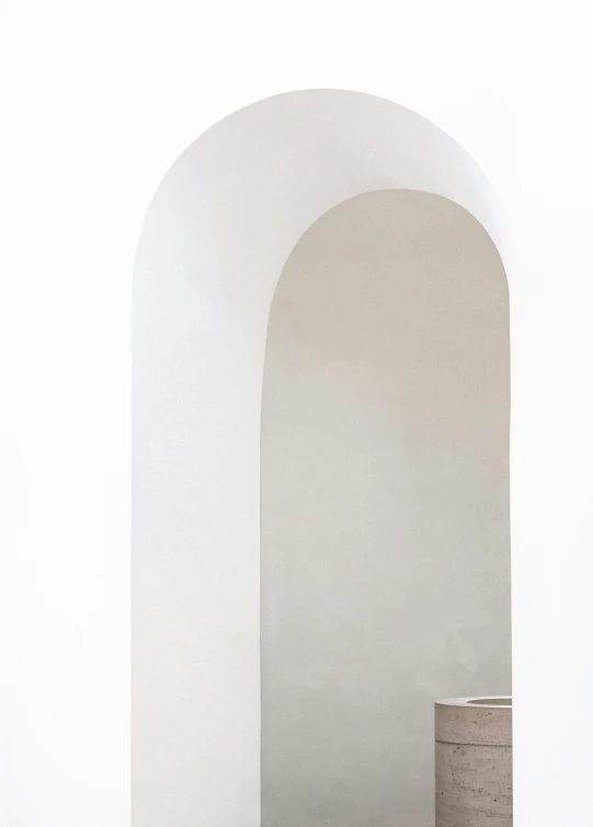 a bathroom with a toilet and a sink, a minimalist painting, inspired by Ricardo Bofill, trending on unsplash, minimalism, arched doorway, white bg, portrait of tall, white color