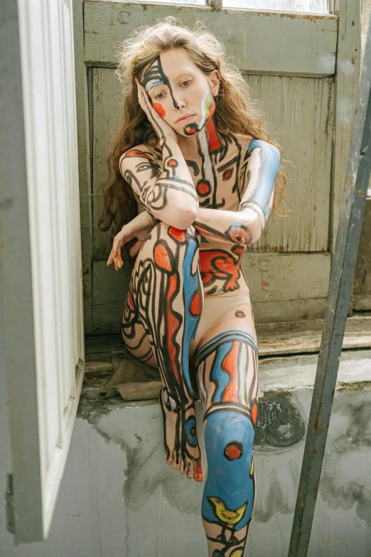 a woman sitting on top of a window sill, a tattoo, inspired by Egon Schiele, trending on pexels, art nouveau, fullbodysuit, spraypainted bodypaint graffiti, square, cardboard