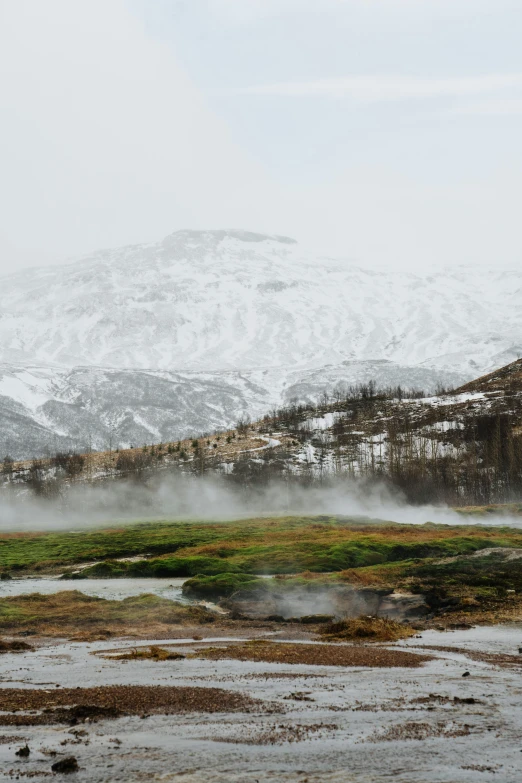  springs with snow covered mountains and trees in the background