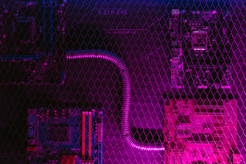 a close up of a computer mother board, an album cover, inspired by Elsa Bleda, purple neon light, cables on walls, pc screen image