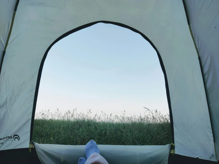 a stuffed animal sitting inside of a tent, by Jessie Algie, trending on unsplash, happening, bare feet in grass, clear sky above, view from window, high arches