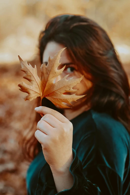 a woman holding a leaf in front of her face, pexels contest winner, girl with dark brown hair, 🍂 cute, next gen, profile image