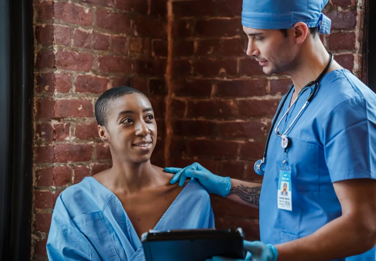 a man standing next to a woman in scrubs, pexels contest winner, renaissance, scales on her chest, ashteroth, (doctor), thumbnail