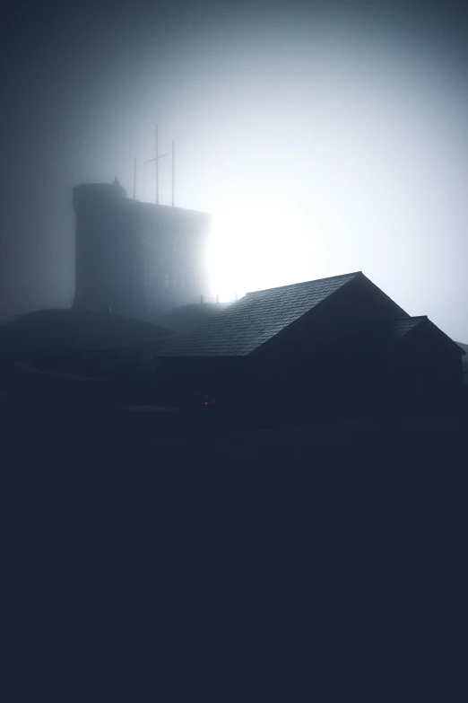 a black and white photo of a building in the fog, a matte painting, inspired by Gregory Crewdson, unsplash, simon stålenhag. digital art, in future airport rooftop, todd hido photography, dawn cgsociety