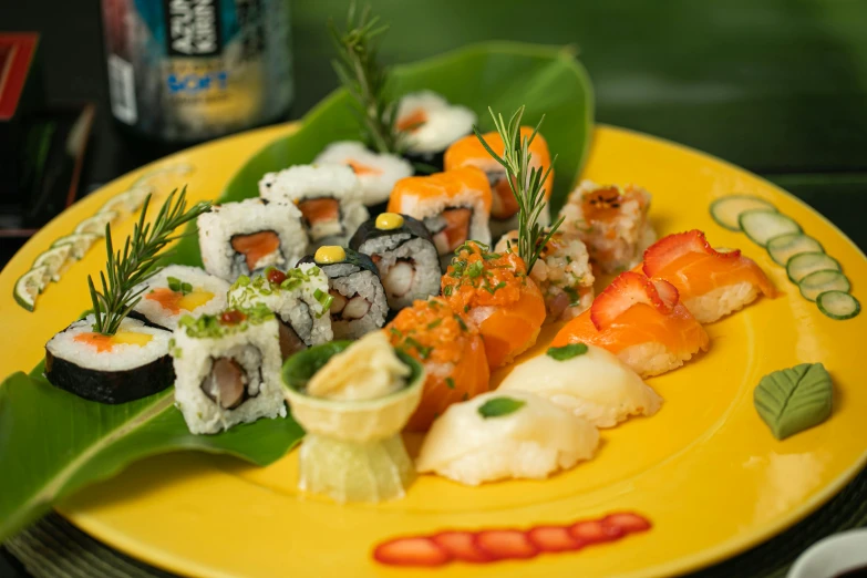 a yellow plate topped with different types of sushi, inspired by Maki Haku, tropical reef, avatar image