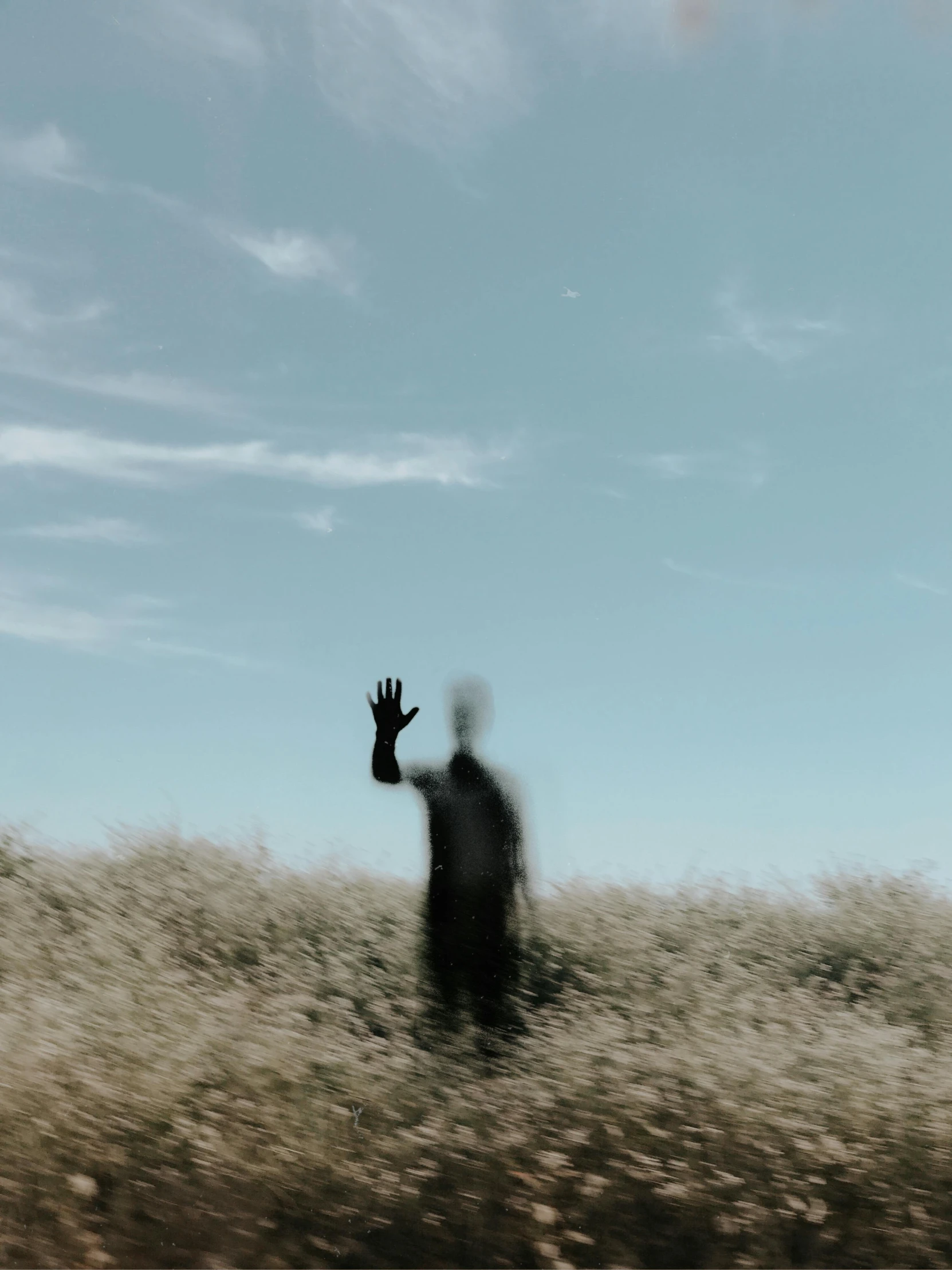 a person standing on top of a grass covered field, waving at the camera, creepy black figure standing, unsplash transparent, translucent body