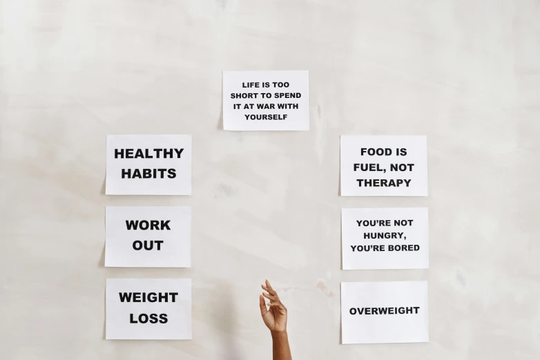 a person standing in front of a wall with signs on it, by Nina Hamnett, postminimalism, health, flatlay, background image, no focus