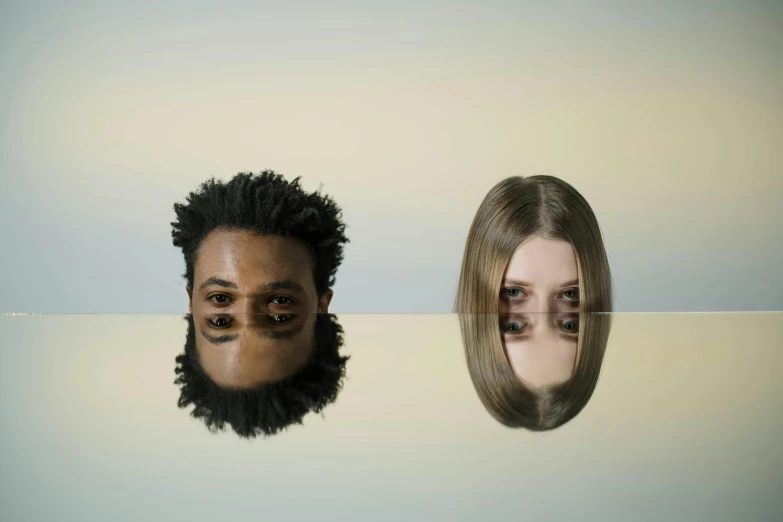 a couple of people that are standing in the water, an album cover, inspired by Anna Füssli, trending on pexels, antipodeans, big heads, elle fanning as an android, any racial background, looking into a mirror