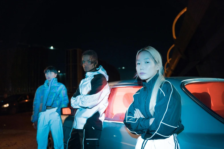 a group of people standing next to a car, an album cover, by Jang Seung-eop, unsplash, realism, fashion neon light, cl, portrait mode photo, 3 - piece