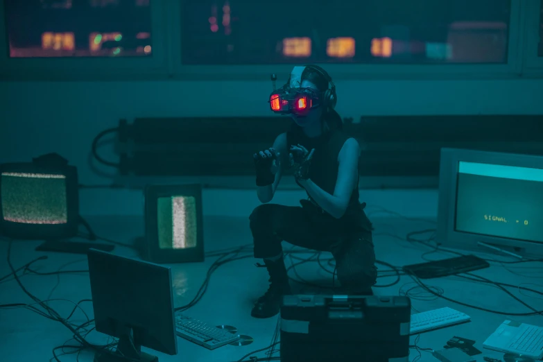 a person wearing a gas mask sitting in a room, cyberpunk art, inspired by Beeple, serial art, night vision goggles, cyberpunk women, using a vr headset, stood inside a futuristic lab