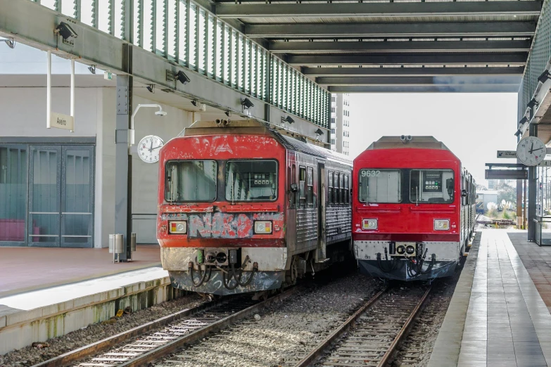 two trains parked next to each other at a train station, a picture, inspired by Tsuchida Bakusen, red and brown color scheme, nordic, grey, getty images