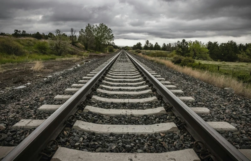 a train track with a cloudy sky in the background, unsplash, regionalism, square lines, foto realista, construction, pathetic