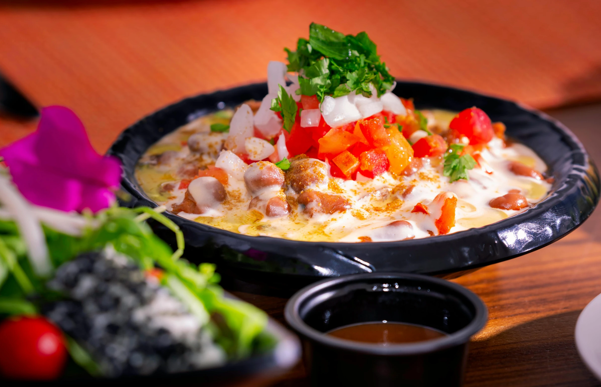 a close up of a plate of food on a table, a digital rendering, unsplash, mingei, chilaquiles, sub tropical, toki doki, daily specials