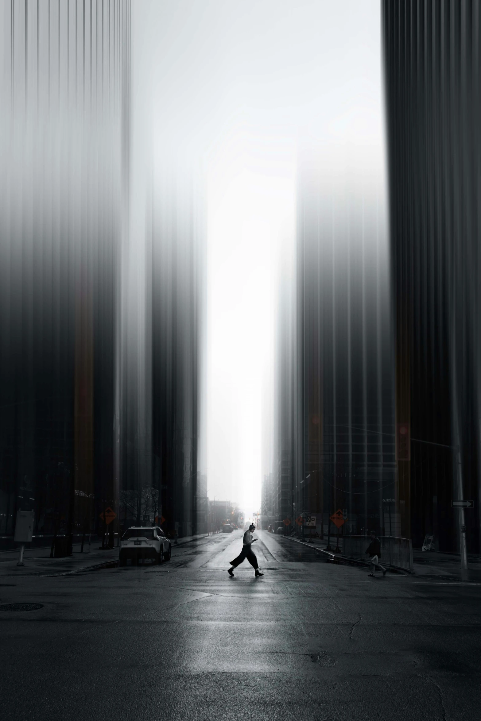 a man riding a skateboard down a street next to tall buildings, inspired by Ryoji Ikeda, pexels contest winner, realism, foggy volumetric lighting, jingna zhang, location [ chicago ( alley ) ], ghost town