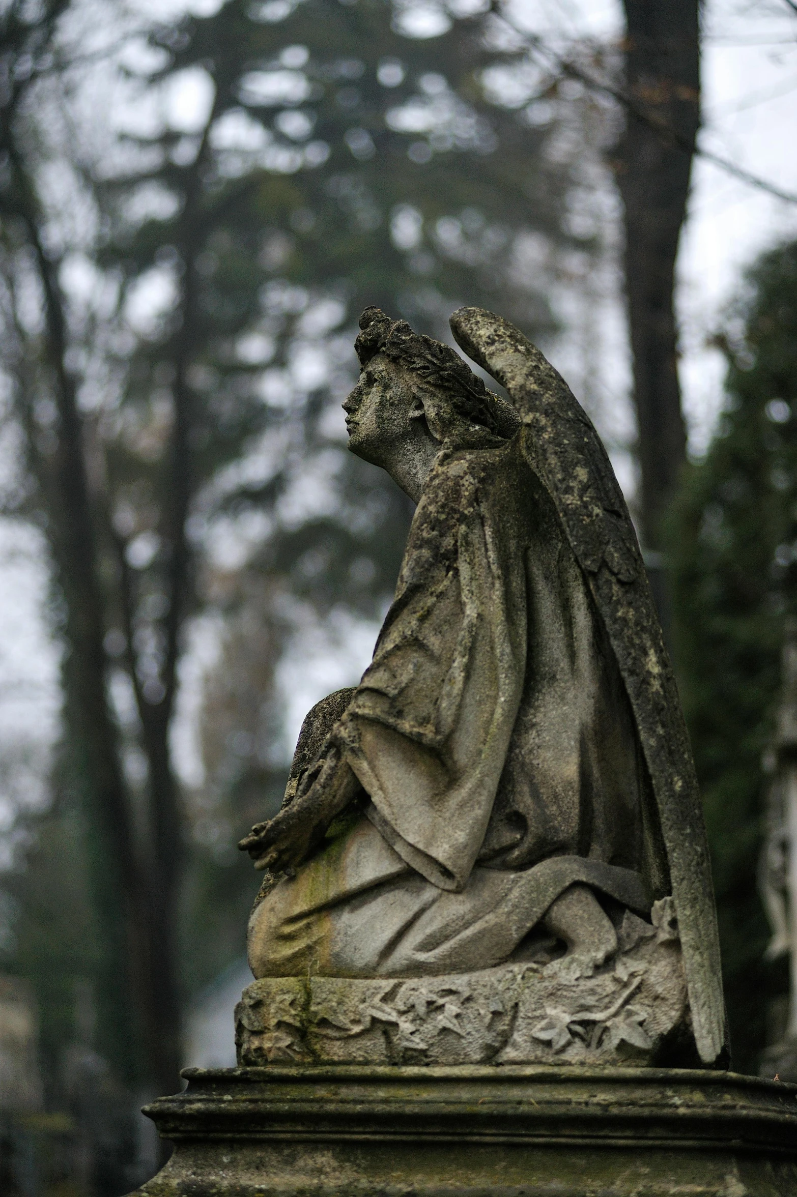 a statue of an angel in a cemetery, pexels, renaissance, seen from the side, slide show, sitting, grey tarnished robes